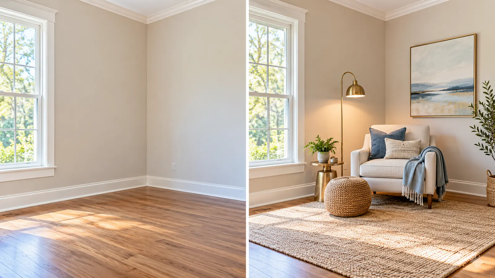 An empty room on one side and the same corner staged with a chair, rug and lamp on the other