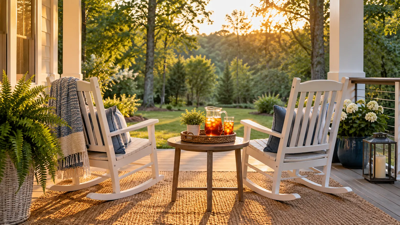 A staged back porch with rocking chairs, a small table with sweet tea and a view of a wooded yard
