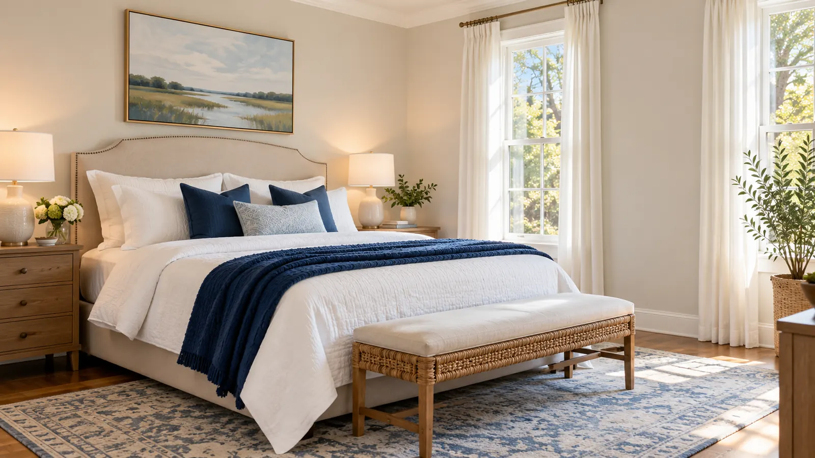 A staged primary bedroom with crisp white bedding, a navy throw and two bedside lamps