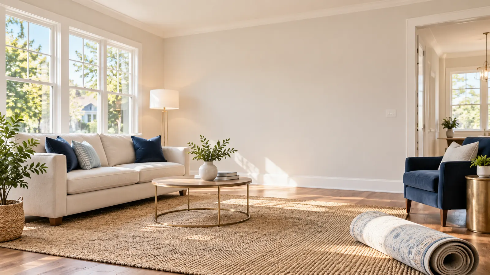 A vacant home living room with just a few rented furniture pieces being set up, a rolled rug and a lamp
