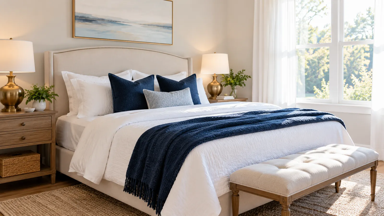A calm staged primary bedroom